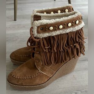 Sam Edelman Brown Fringe Wedge Boots